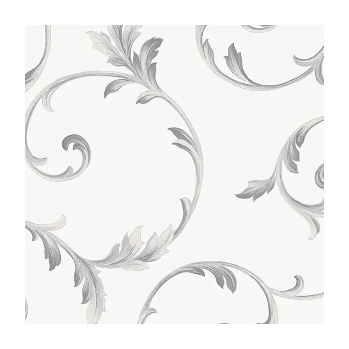 In-register Scroll Wallpaper White, Grey, Metallic Silver Norwall Wallcovering IM36416