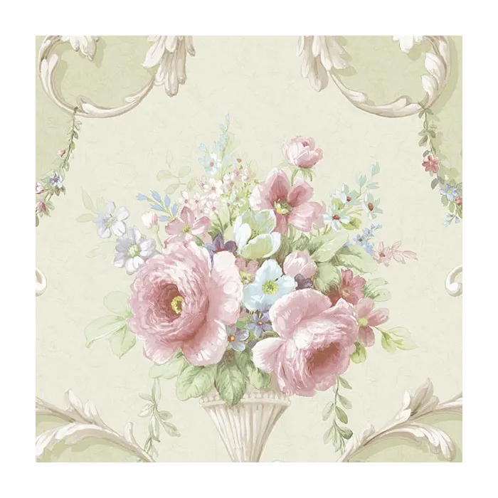 In-register Ornamental Floral Wallpaper Green, Pink, Blue Norwall Wallcovering IM36421