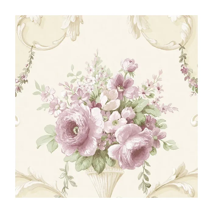 In-register Ornamental Floral Wallpaper Light Cream, Pink, Green Norwall Wallcovering IM36422