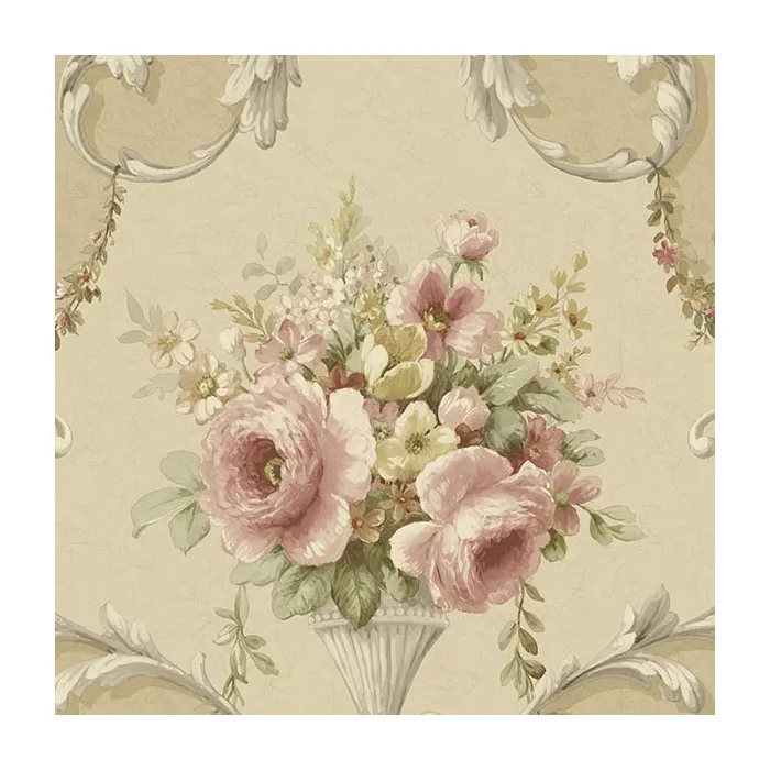 In-register Ornamental Floral Wallpaper Tan, Taupe, Beige, Red Norwall Wallcovering IM36424