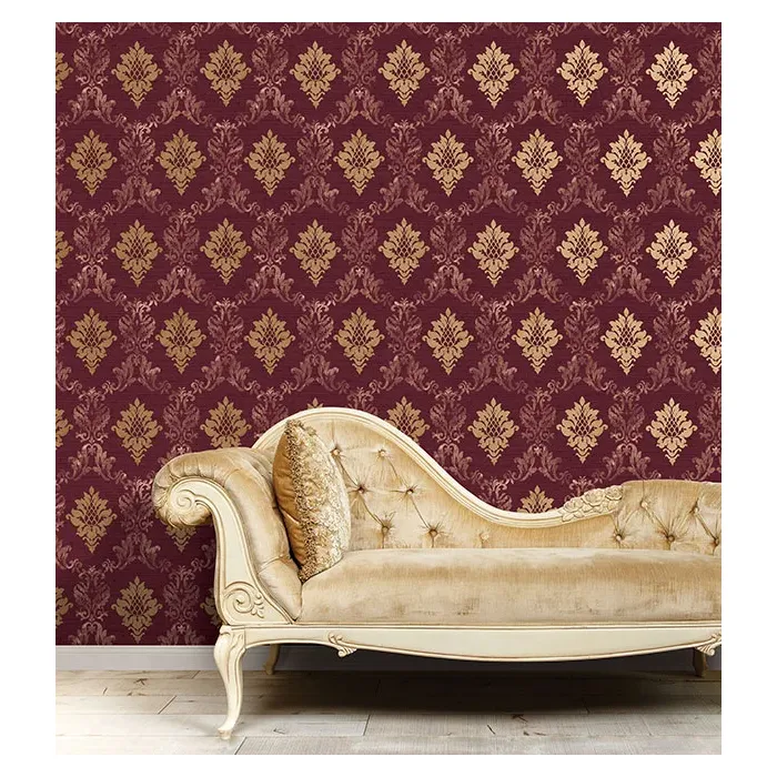 In-register Silk Damask Wallpaper Burgundy, Metallic Gold Norwall Wallcovering IM36427