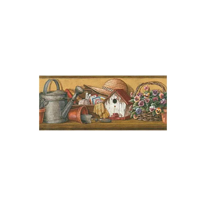 Tan Pansies and Garden Items Wallpaper Border KE5029B