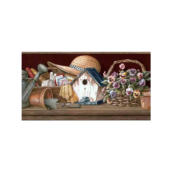 Burgundy Gardening Items Wall Paper Border