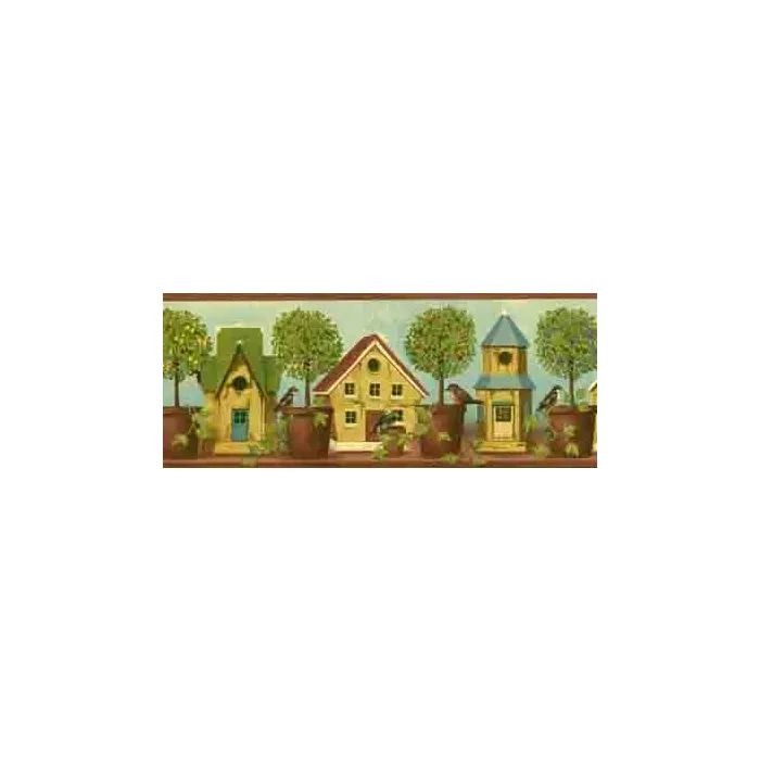 Burgundy Textured Birdhouse Wallpaper Border