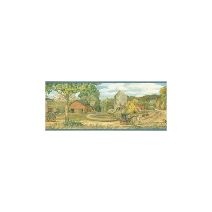 Blue Countryside Town Wallpaper Border