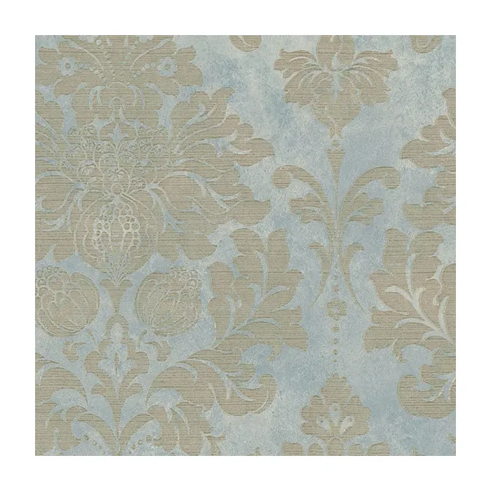 In Register Damask Wallpaper Blue, Beige, Metallic Gold Norwall Wallcovering MD29418