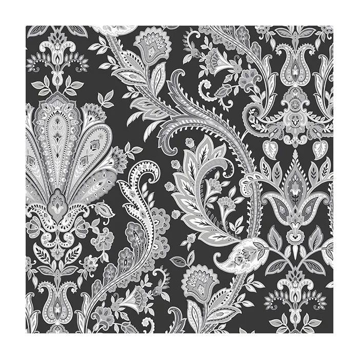 Jacobean Paisley Wallpaper Black, Grey, Metallic Silver Norwall Wallcovering MD29430