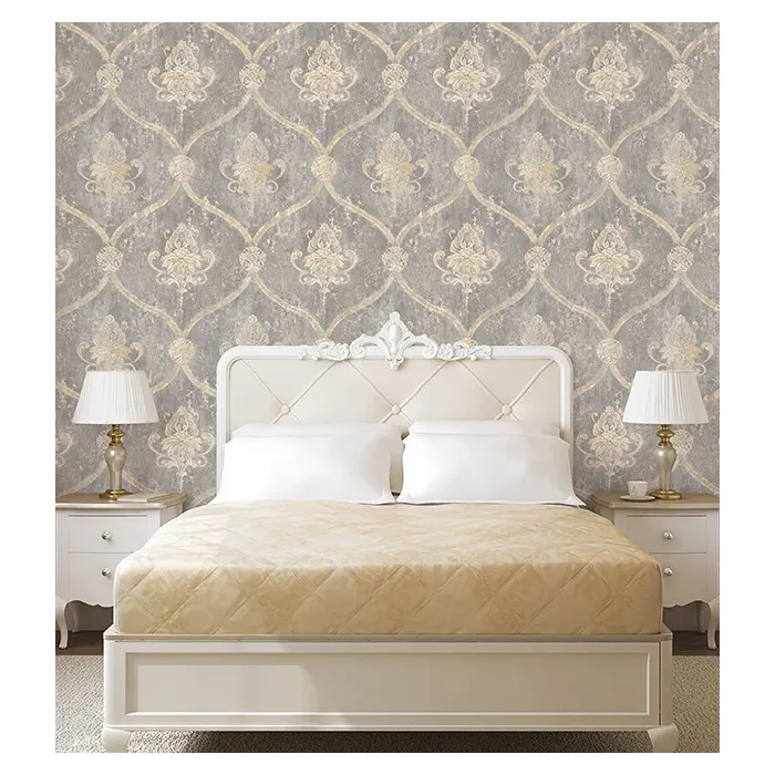 Regal Damask Wallpaper Grey, Beige Norwall Wallcovering MH36506