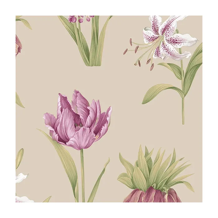 Botanical Floral Wallpaper Taupe, Purple, Green Norwall Wallcovering PA34237