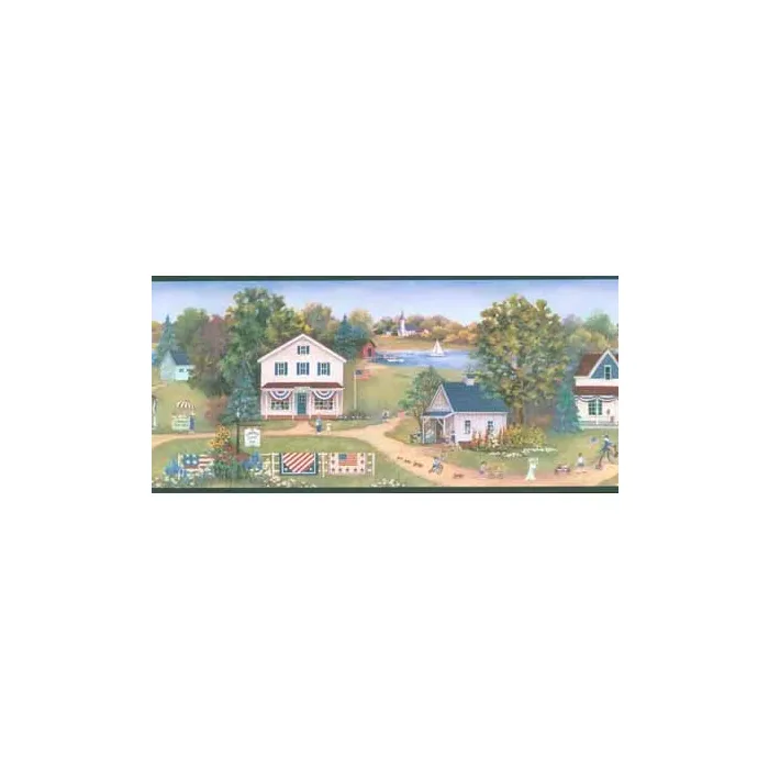 All American Patriotic Town Wallpaper Border