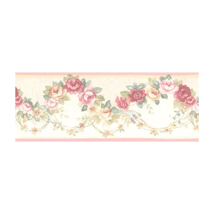 Rose Scallop Wallpaper Border Light Cream, Pink, Yellow, Green, Rose Norwall Wallcovering PR79655