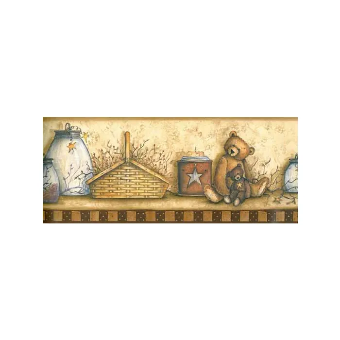 Country Bear and Basket Burgundy Wallpaper Bo