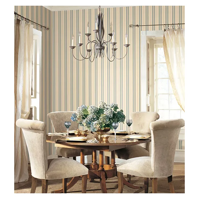 Heritage Stripe Wallpaper Beige, Cream, Blue, Metallic Gold Norwall Wallcovering SD36109