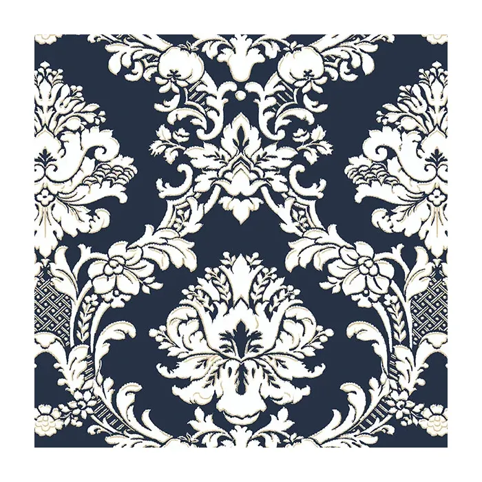 Document Damask Wallpaper Navy, White, Metallic Gold Norwall Wallcovering SD36120