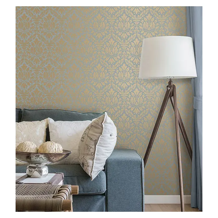 Stitched Damask Wallpaper Blue, Metallic Gold Norwall Wallcovering SD36141