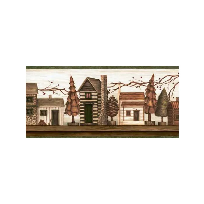 Green Rustic Cabins Wallpaper Border