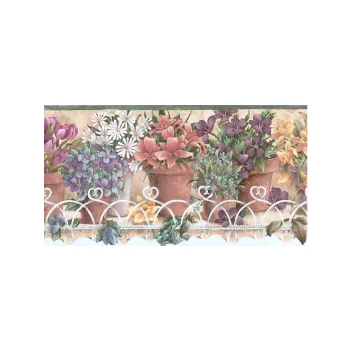 Green Potted Floral Wallpaper Border