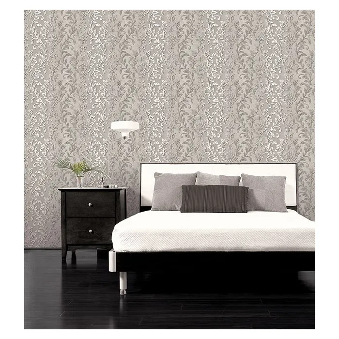 Silver Leaf Damask Wallpaper Black, Grey Norwall Wallcovering TX34843
