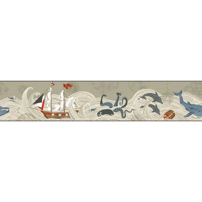 Waverly Kids Ships Ahoy Taupe Ocean Pirates on Sure Strip Wallpaper Border WK6914BD