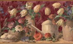 Watering Cans Flower Pots Burgundy Wallpaper Border
