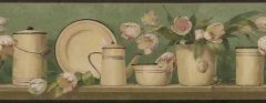 Enamelware & Tulip Bouquet Country Shelf Wallpaper Border - Green - Village