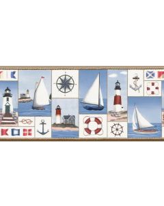 Blue Nautical Collage Border Lighthouse Anchor Flag Boat