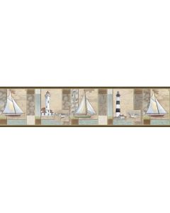 Mashpee Beige White Crossing wallpaper border Chesapeake DLR53542B