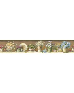 Brown Gardeners Tea Set Wallpaper Border Chesapeake FFR05101B