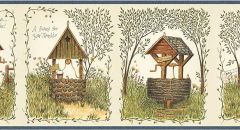 Blue Penny for Your Thoughts Wishing Well Wallpaper Border - Chesapeake Wallcoverings