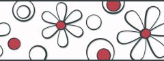 Black & White Daisy Flowers With Red Center Wallpaper Border - York