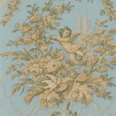 CH28309 Fabric Toile Wallpaper Metallic Gold, Aqua Manor House Norwall Wallcovering