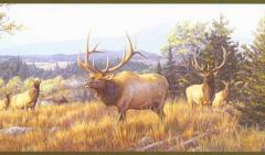 Elk On Mountain Wallpaper Border - Green Trim - Chesapeake Wallcovering