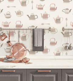 CK36633 Tea Pots Wallpaper Pink, Grey CREATIVE KITCHENS Norwall Wallcovering