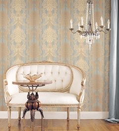 CS35603 String Damask Wallpaper Blue, Beige, Metallic Gold Classic Silks 2 Norwall Wallcovering