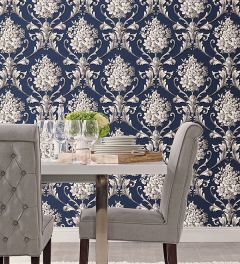 CS35627 Floral Damask Wallpaper Navy, Metallic Silver Classic Silks 2 Norwall Wallcovering