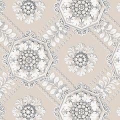 CS35629 Medallion Wallpaper Beige, Metallic Silver Classic Silks 2 Norwall Wallcovering