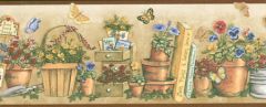 Gardening, Butterflies and Pansies Wallpaper Border