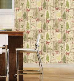 FK34416 Parchment Ferns Wallpaper Red, Green, Brown Fresh Kitchens 5 Norwall Wallcovering