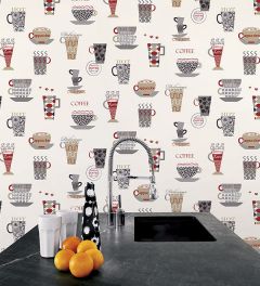 FK34427 Coffee Time Wallpaper Red, Metallic Silver, Tan Fresh Kitchens 5 Norwall Wallcovering