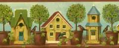 Burgundy Textured Birdhouse Wallpaper Border