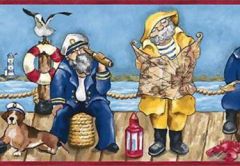 Comical Old Sailor on Dock Wallpaper Border