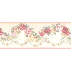 PR79655 Rose Scallop Wallpaper Border Light Cream, Pink, Yellow, Green, Floral Prints 2 Norwall Wallcovering
