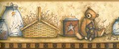 Country Bear and Basket Burgundy Wallpaper Bo