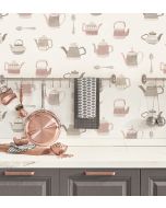 CK36633 Tea Pots Wallpaper Pink, Grey CREATIVE KITCHENS Norwall Wallcovering