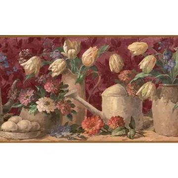 Watering Cans Flower Pots Burgundy Wallpaper Border