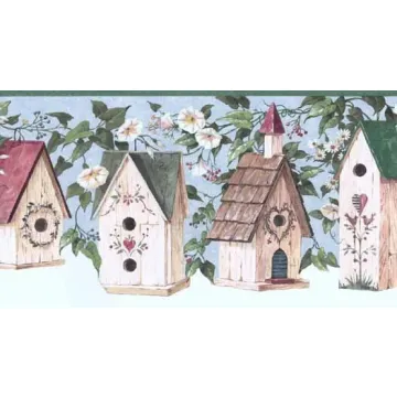 Green Vine With White Flowers & Birdhouse Wallpaper Border