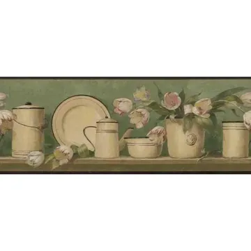 Enamelware & Tulip Bouquet Country Shelf Wallpaper Border - Green - Village