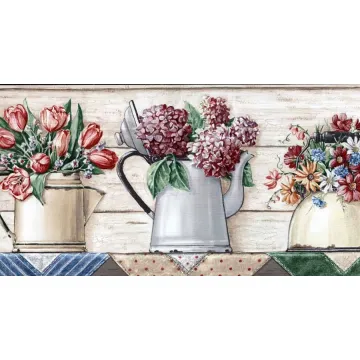 Teapots & Kettles With Flowers On Shelf Wallpaper Border - Village