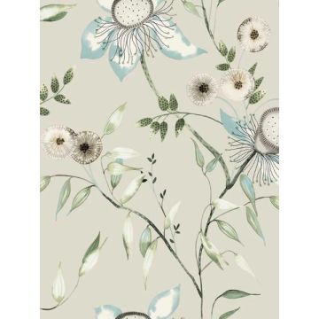 Dream Blossom Taupe and Aqua Wallpaper