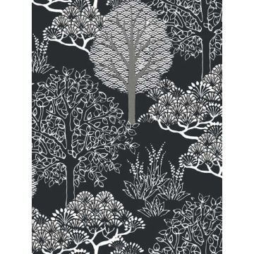 Kimono Trees Black Metallic Wallpaper